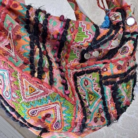 Sondra Roberts Large Orange Shoulder Tote Bag Embroidered Mirrors Coins Tassels - Picture 2 of 15